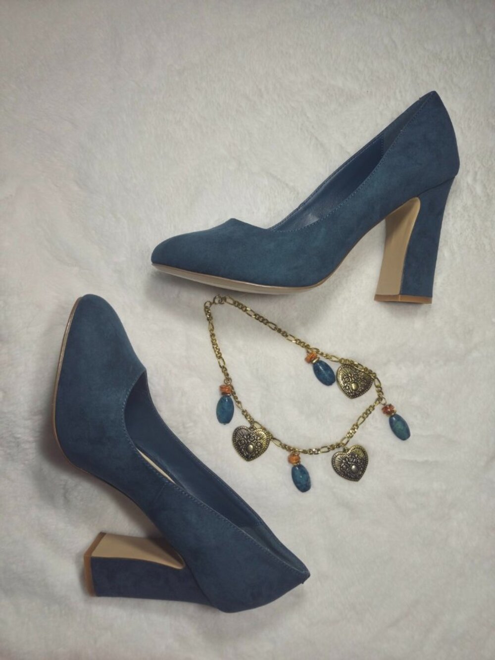 Faux suede heels in Navy Blue + necklace